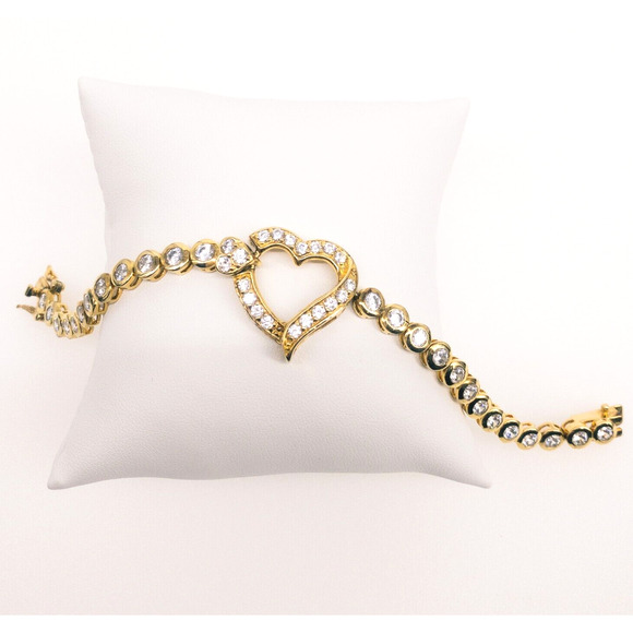 Gold Tone Heart Bracelet Cubic Zirconia 6.5" Marked ATI 925 Thai - Picture 15 of 16